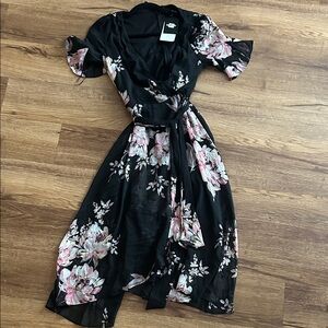 Dkny Black Wrap Midi Dress with Pink Floral Print